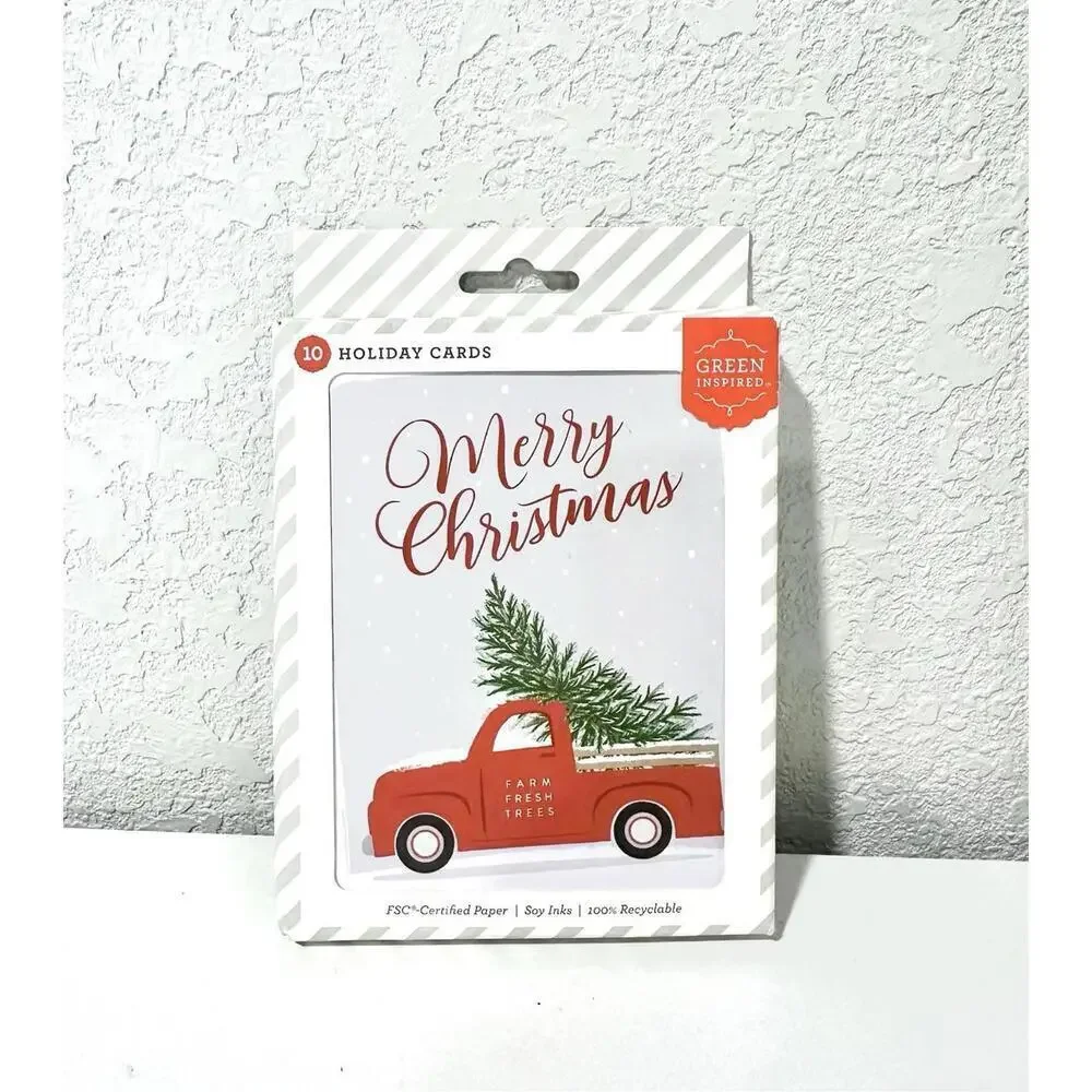 NEW Green Inspired Holiday Note Cards White Envelopes Christmas Tree Truck 30 Ct